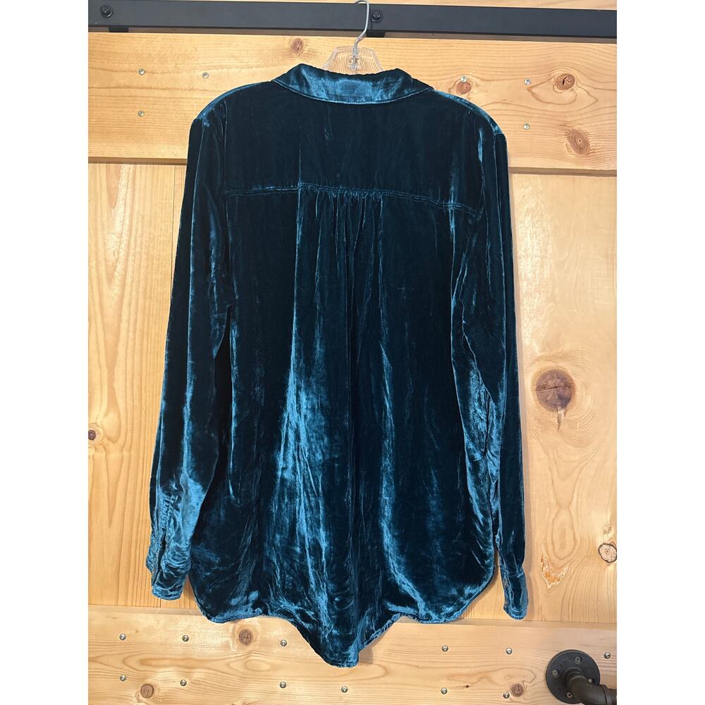 Pilcro Anthropologie Teal Green Long Sleeve Button Down Women’s Velvet Top Sz L - Picture 4 of 7